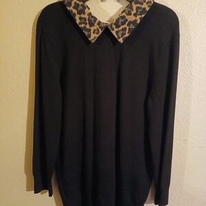 Talbots Black Sweater with Animal Print Collar